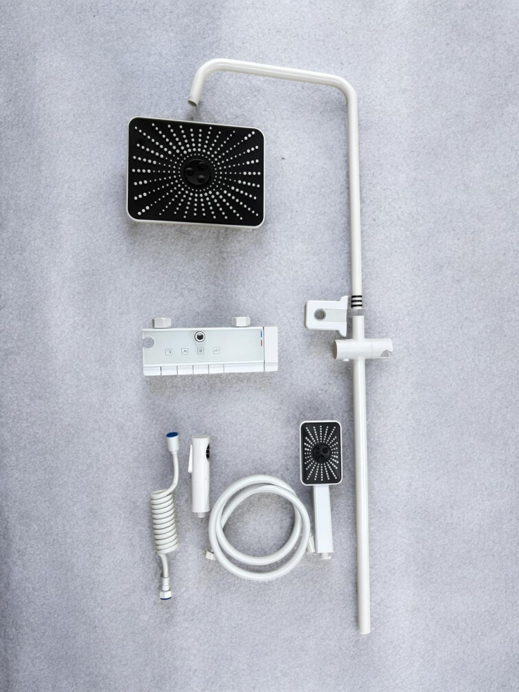 Coloana de dus premium completa, panou de comanda alb metal 2 kg, 25.20 cm, autonoma, banda LED si afisare temperatura apa, nu necesita conectarea la o sursa de energie, tevi metal, alb AVI-4844 [8]