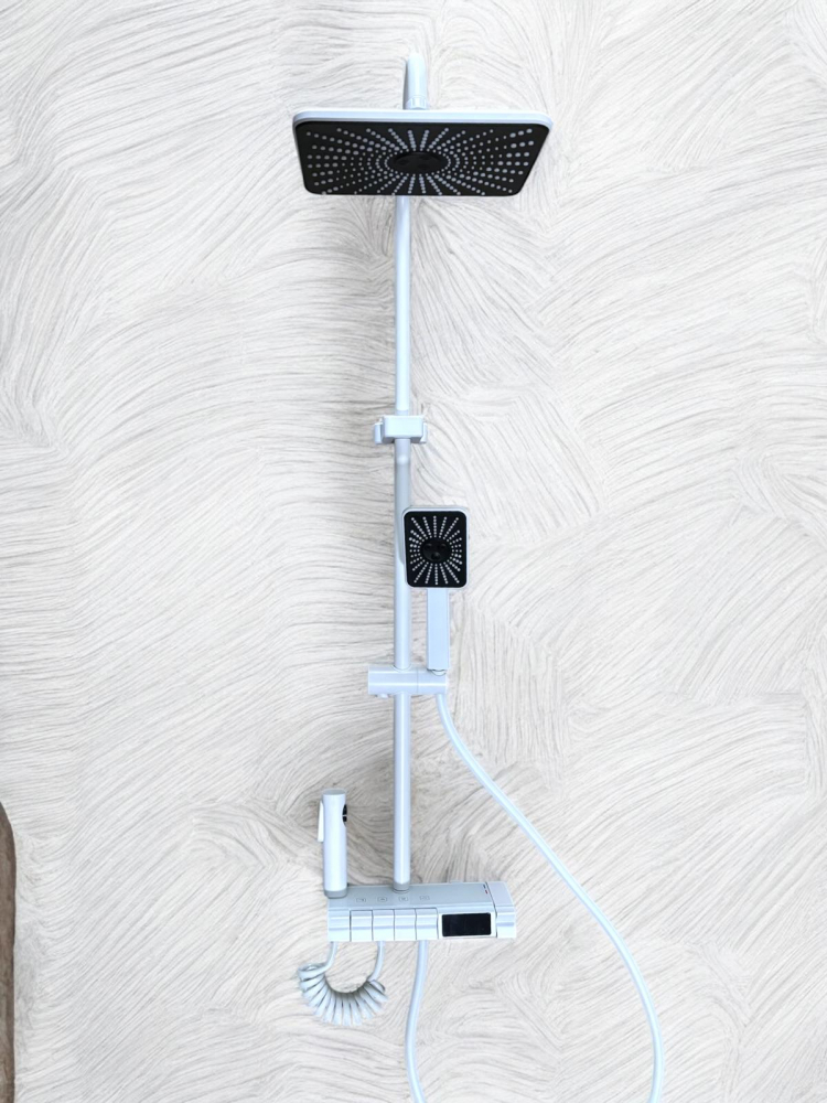 Coloana de dus premium completa, panou de comanda alb metal 2 kg, 25.20 cm, autonoma, banda LED si afisare temperatura apa, nu necesita conectarea la o sursa de energie, tevi metal, alb AVI-4844 [1]