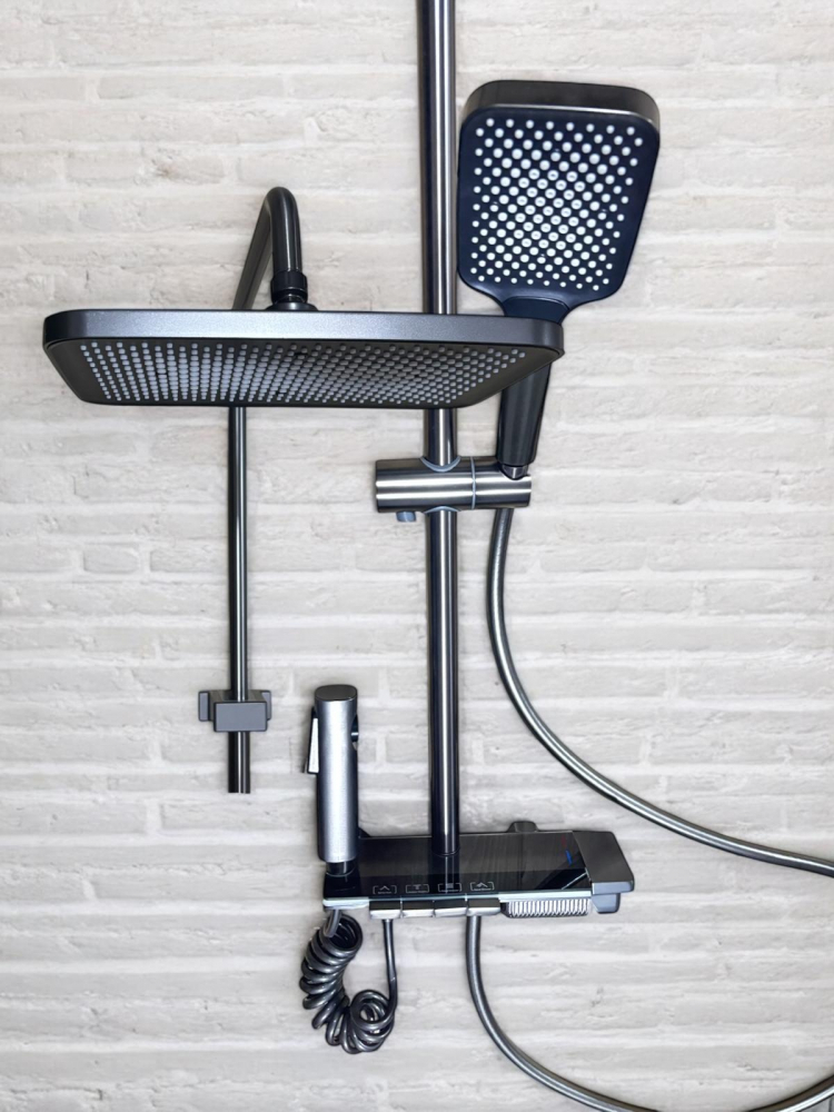 Coloana de dus premium completa, panou de comanda din metal gri - negru, 1.45 kg, 25 cm, iluminare LED si afisare temperatura apa, nu necesita conectarea la o sursa de energie, tevi metal, AVI-4872 [1]