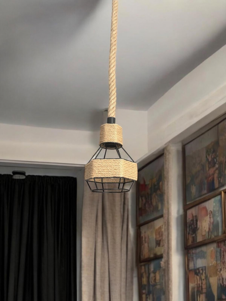 Corp de iluminat E27 tip pendul retro, vintage, cu franghie iuta, H 80cm, Ø corp pendul 15cm, metal, bec decorativ 4808 inclus, AVI-4813 [10]