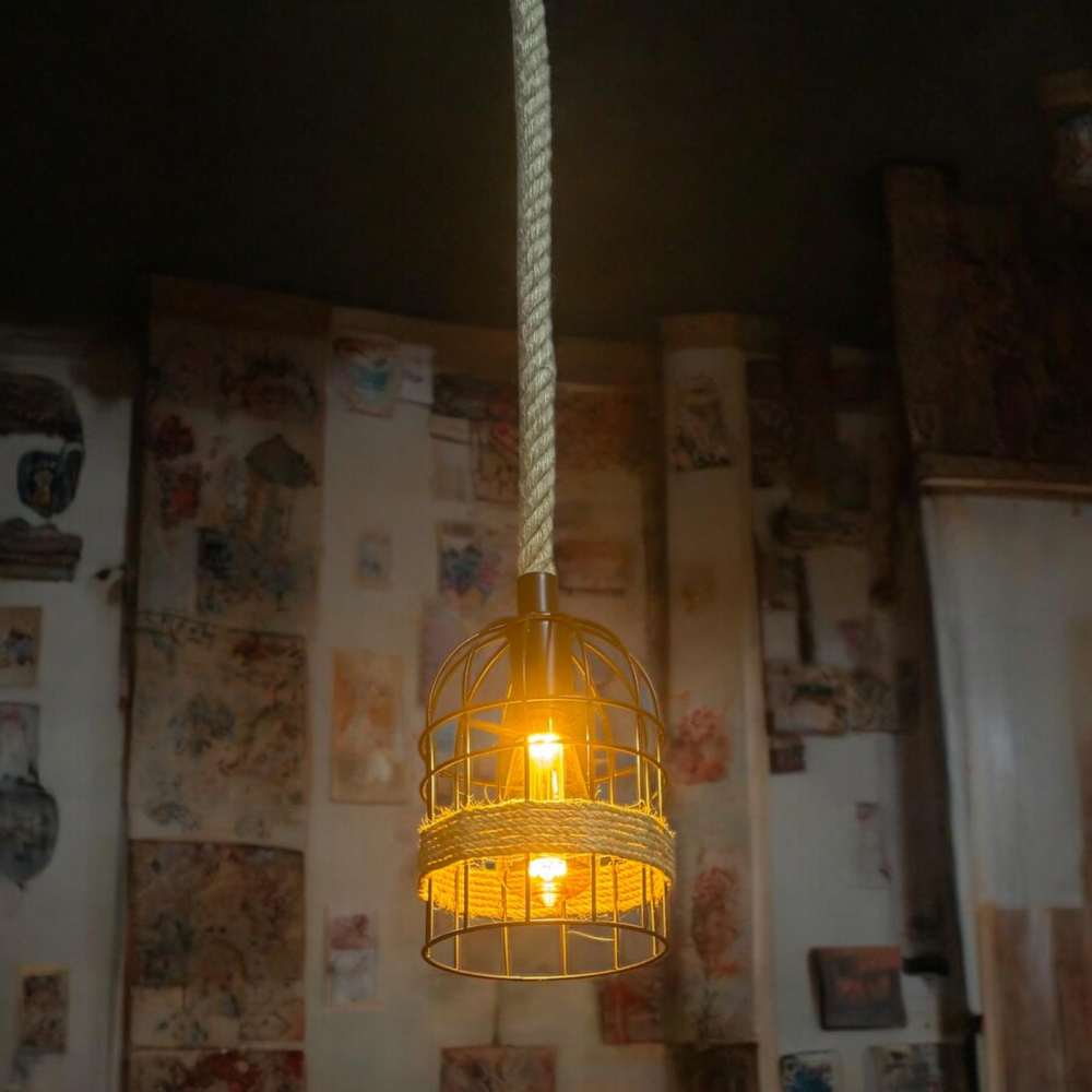 Corp de iluminat E27 tip pendul retro, vintage, cu franghie iuta, H 80cm, Ø corp pendul 15cm, metal, bec decorativ 4824 inclus, AVI-4812 [4]