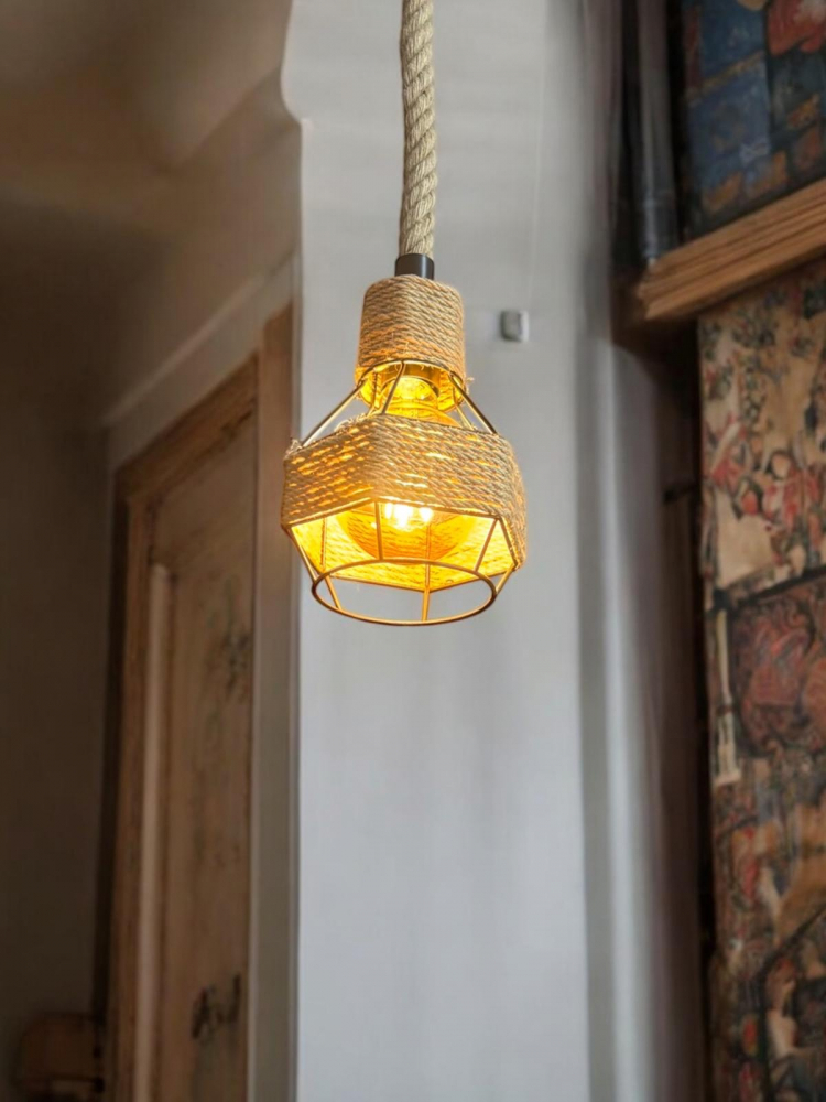 Corp de iluminat E27 tip pendul retro, vintage, cu franghie iuta, H 80cm, Ø corp pendul 15cm, metal, bec neinclus, AVI-4813 [10]