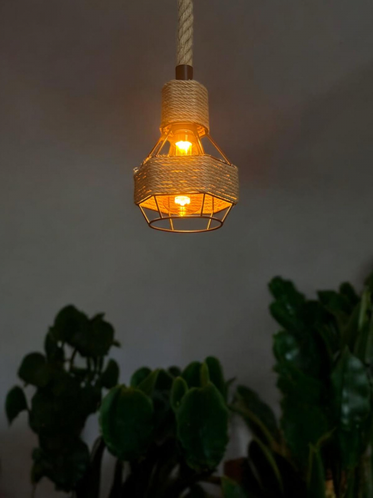 Corp de iluminat E27 tip pendul retro, vintage, cu franghie iuta, H 80cm, Ø corp pendul 15cm, metal, bec neinclus, AVI-4813 [9]