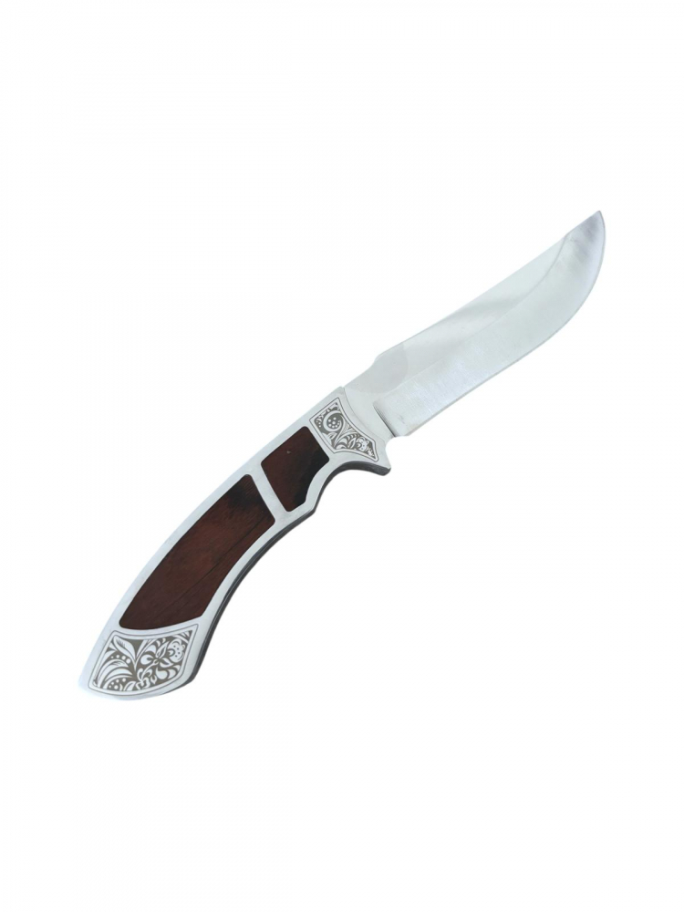 Cuțit de vânătoare și drumeție 139, lamă 11 cm, total 22 cm, grosime 3 mm, mâner metalic cu inserție lemn, 200 g, cu teacă inclusă, cod AVI-5027 [1]