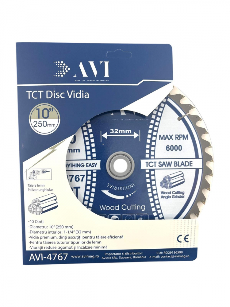 Disc premium cu vidia, AVI® 250mm pentru taiat lemnul, 40T, prindere Ø32mm pentru circular, polizor de banc,, AVI-4767 [2]