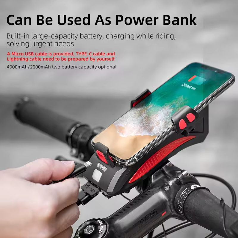 Far bicicleta cu 3 LED, sonerie 130db, suport pentru telefon, acumulator 2000mAh, functie powerbank, waterproof IPX4, AVI-4326 [2]