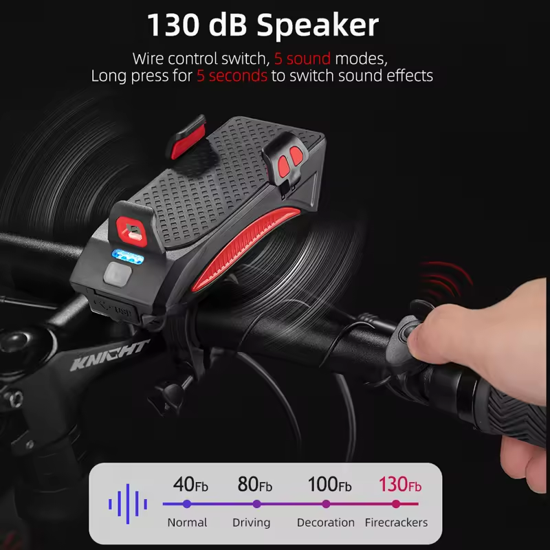 Far bicicleta cu 3 LED, sonerie 130db, suport pentru telefon, acumulator 2000mAh, functie powerbank, waterproof IPX4, AVI-4326 [4]