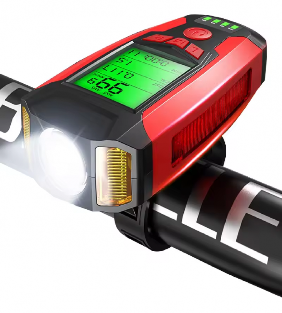 Far bicicleta cu ciclocomputer, iluminare XPG, COB, 2835X2IED, claxon incorporat, afisare viteza, distanta, acumulator 1200mAh, incarcare USB, rezistent la apa IPX4, rosu, AVI-4353 [1]