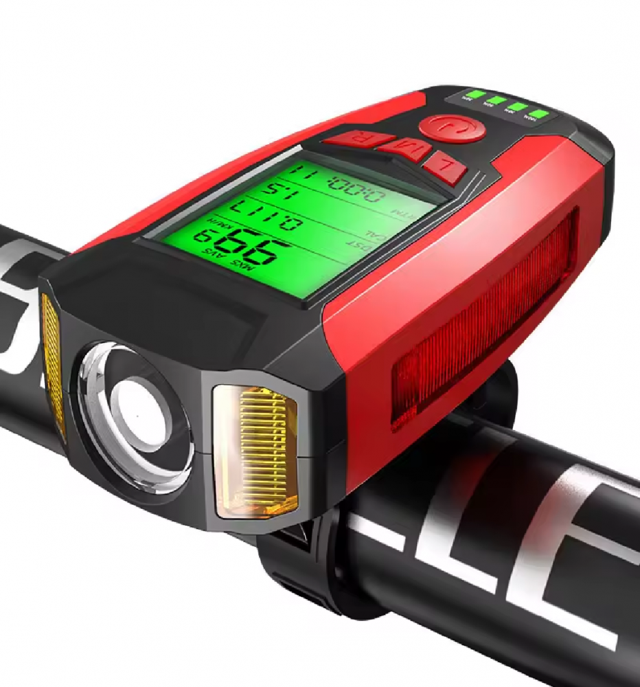 Far bicicleta cu ciclocomputer, iluminare XPG, COB, 2835X2IED, claxon incorporat, afisare viteza, distanta, acumulator 1200mAh, incarcare USB, rezistent la apa IPX4, rosu, AVI-4353 [2]