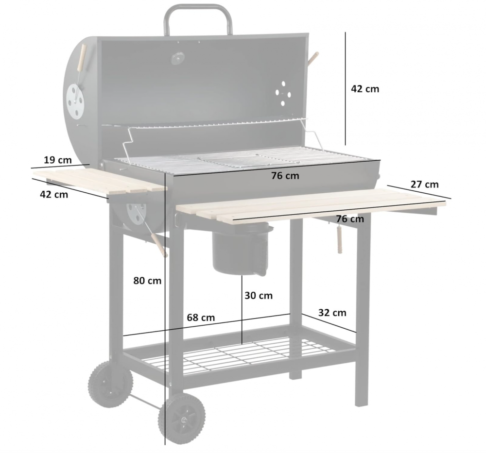 Grătar AVI® pe cărbuni, spatiu gatire Ø42 cm x 80 cm, cu termometru, 2 roți, ventilație reglabilă, raft încălzire, tavă cenușă, suporturi multiple, 110 x 71 x 103 cm, 20 kg, AVI-4996 [10]