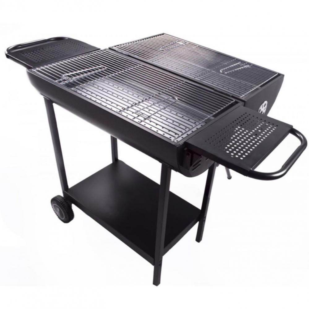 Grătar AVI® tip butoi Double Barrel, pe carbuni, 2 zone gătire, fiecare de 69,5 x 37 cm, ventilație reglabilă, rafturi, roți transport, înălțime lucru 80 cm, AVI-4998 [1]