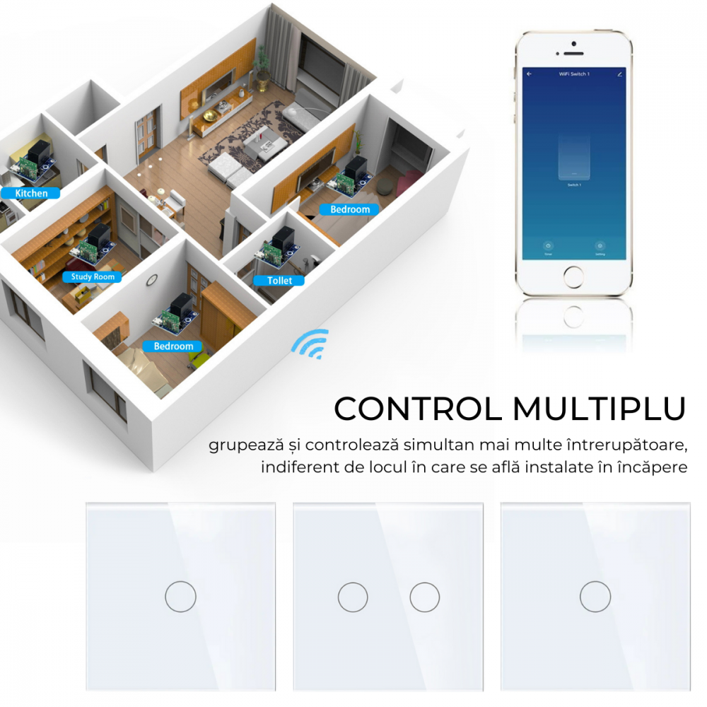 Intrerupator smart cu touch, Wi-Fi, Bluetooth, Control vocal, Smart Life / Tuya APP, 1 Canal, Alb [9]