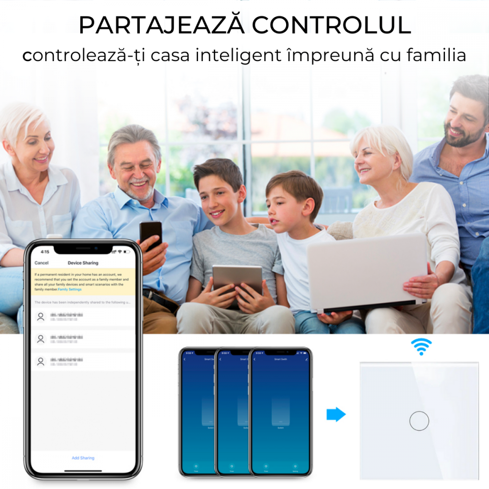 Intrerupator smart cu touch, Wi-Fi, Bluetooth, Control vocal, Smart Life / Tuya APP, 1 Canal, Alb [8]