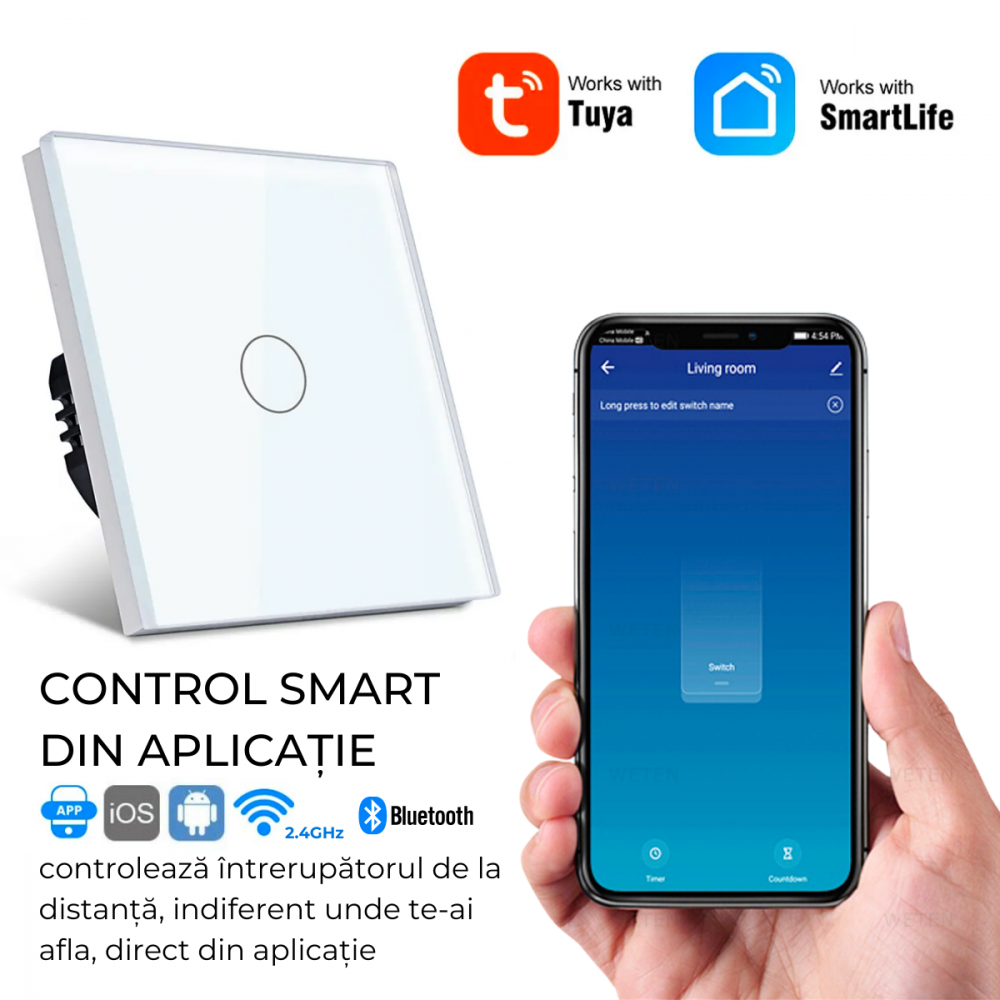 Intrerupator smart cu touch, Wi-Fi, Bluetooth, Control vocal, Smart Life / Tuya APP, 1 Canal, Alb [3]