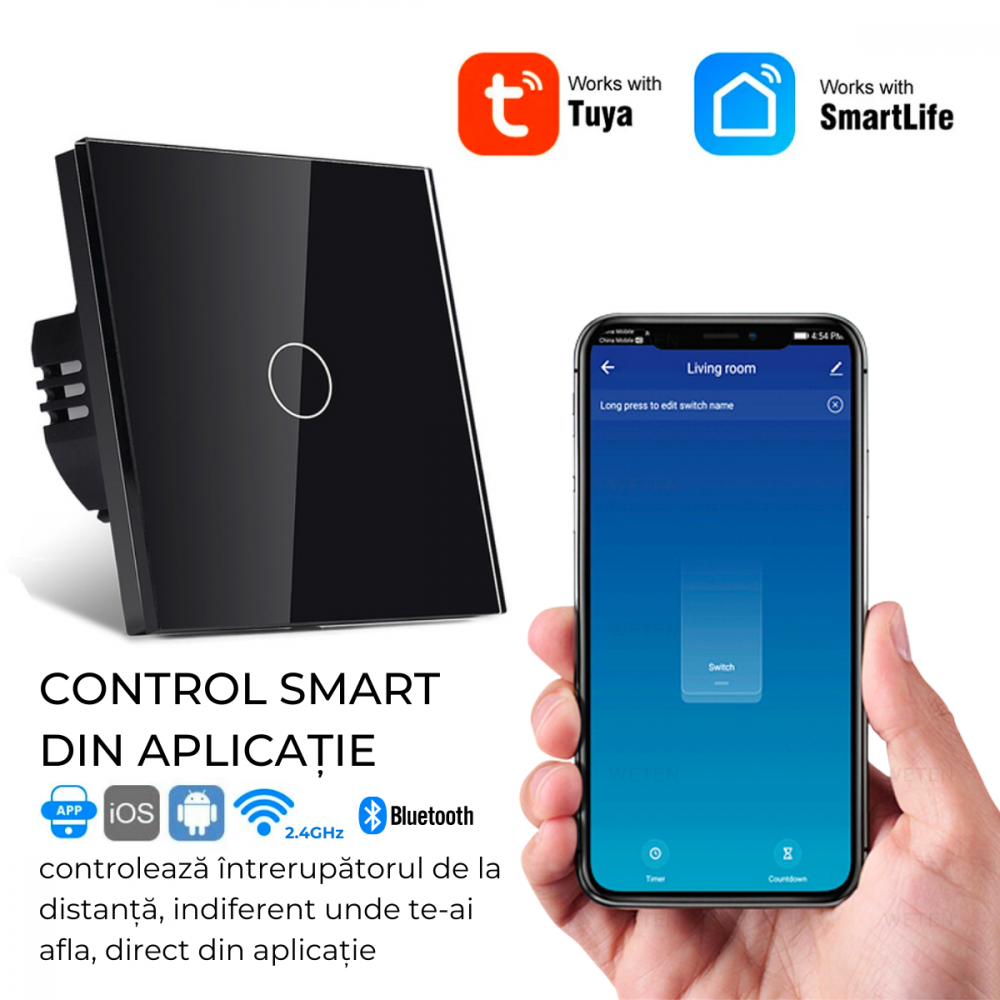 Intrerupator smart cu touch, Wi-Fi, Bluetooth, Control vocal, Smart Life / Tuya APP, 1 Canal, Negru [10]