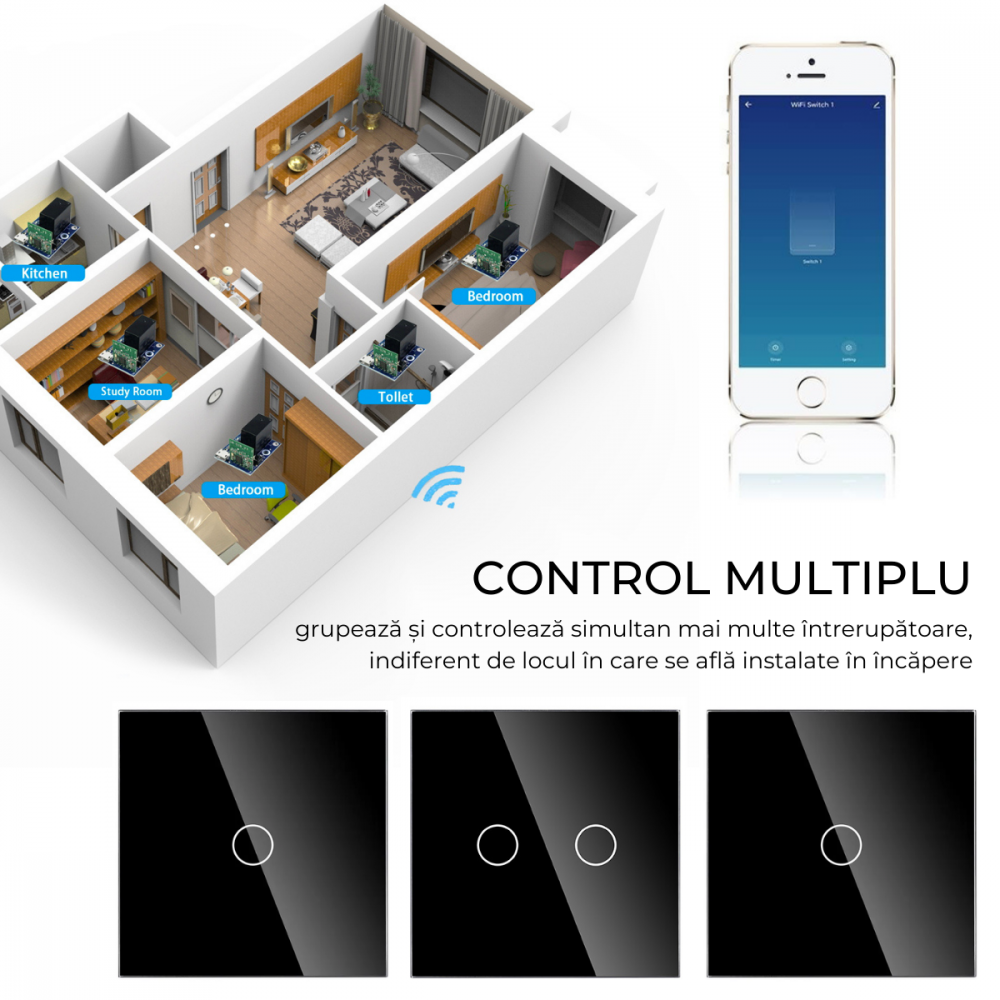 Intrerupator smart cu touch, Wi-Fi, Bluetooth, Control vocal, Smart Life / Tuya APP, 1 Canal, Negru [6]