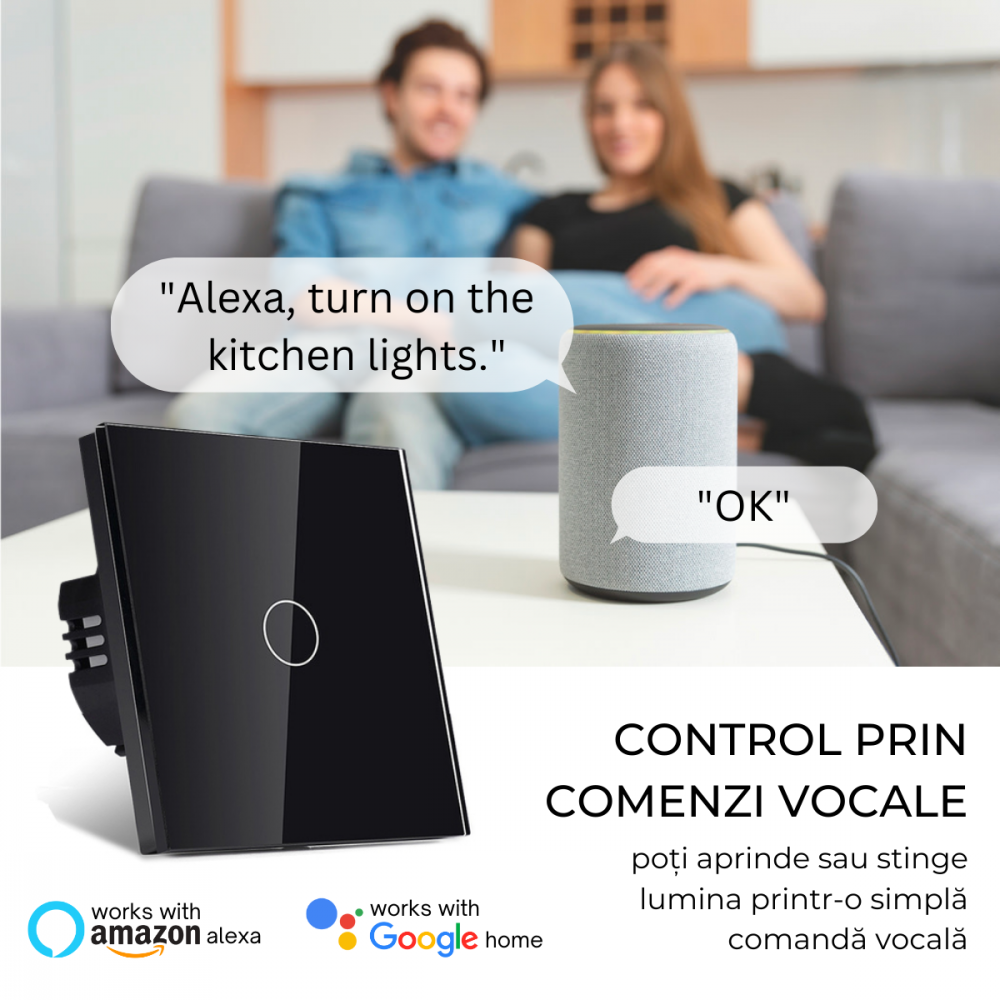Intrerupator smart cu touch, Wi-Fi, Bluetooth, Control vocal, Smart Life / Tuya APP, 1 Canal, Negru [7]