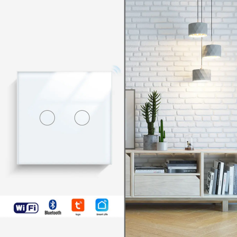 Intrerupator smart cu touch, Wi-Fi, Bluetooth, Control vocal, Smart Life / Tuya APP, 2 Canale, Alb [2]