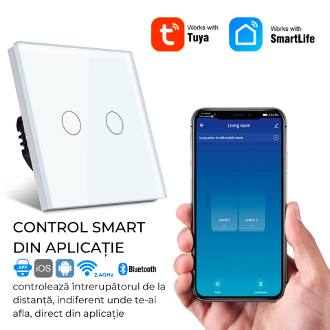 Intrerupator smart cu touch, Wi-Fi, Bluetooth, Control vocal, Smart Life / Tuya APP, 2 Canale, Alb [3]