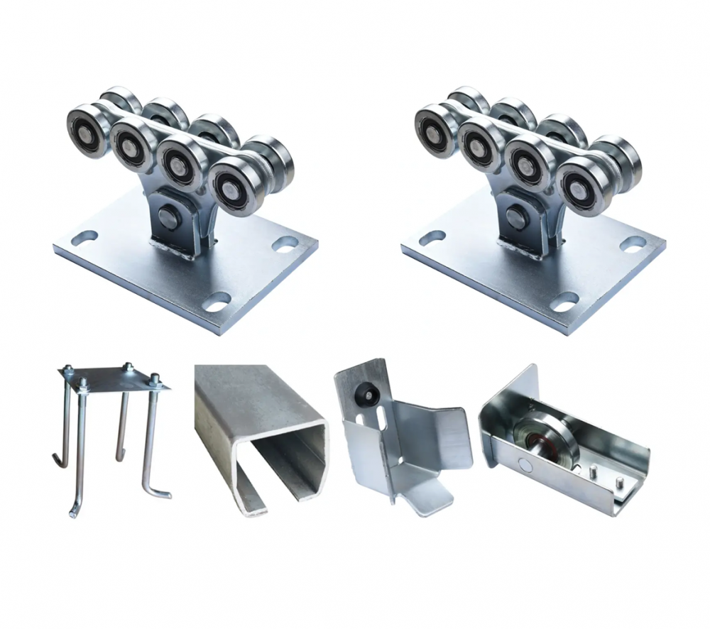 Kit complet poarta autoportanta sarcina 1.000 kg cu 2 x sina 3m (total 6 metri) profil 9.5cm x 8.5cm, grosime 5mm, cu accesorii, 2 x ansamblu cu 8 role Ø67mm, AVI-3634 [7]