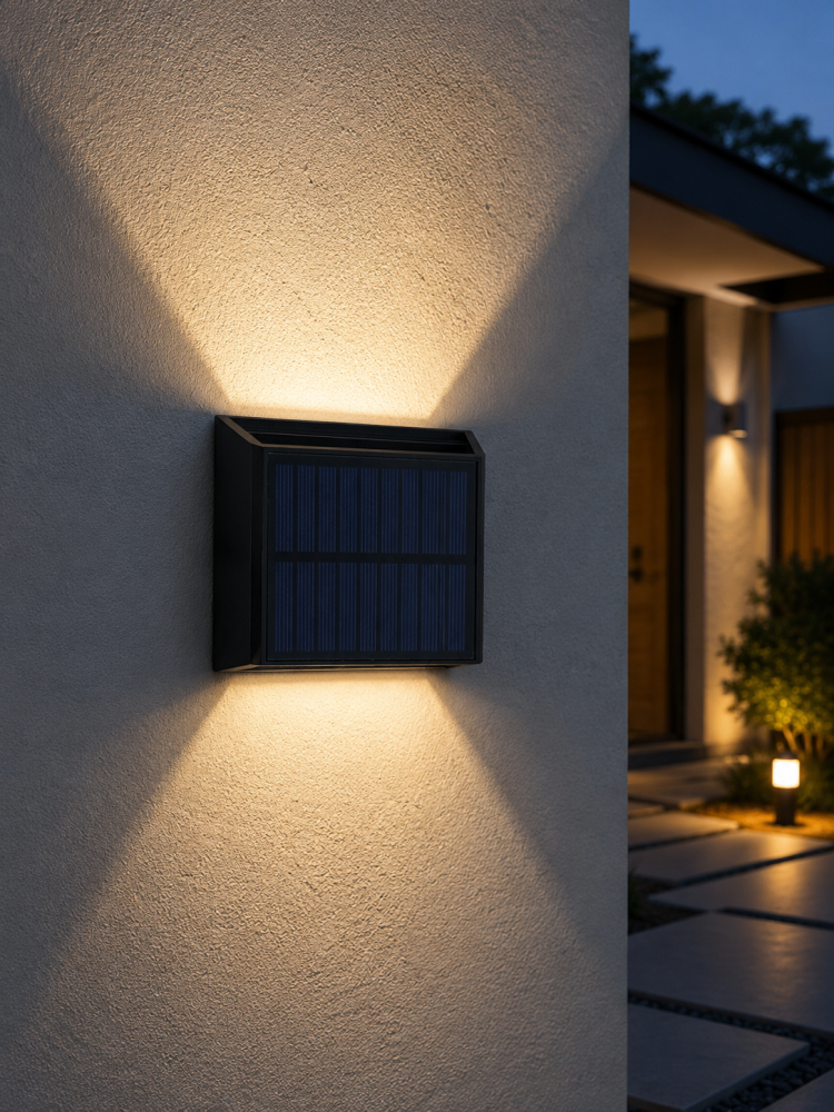 Lampă de fațadă solară, AVI®, iluminare dublă sus-jos, clapete reglabile pentru direcționarea luminii, 13 x 8 cm, lumină caldă, 300 lm, acumulator 1200 mAh, negru, AVI-5431 [2]