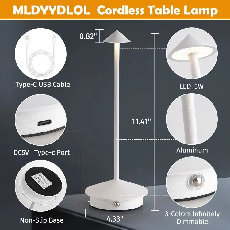 Lampa de masa LED wireless, lampa de masa reglabila cu atingere reincarcabila, lampa portabila pentru interior/exterior pentru restaurant, bar, gradina, balcon, masa de dining, alb, AVI-4596 [3]