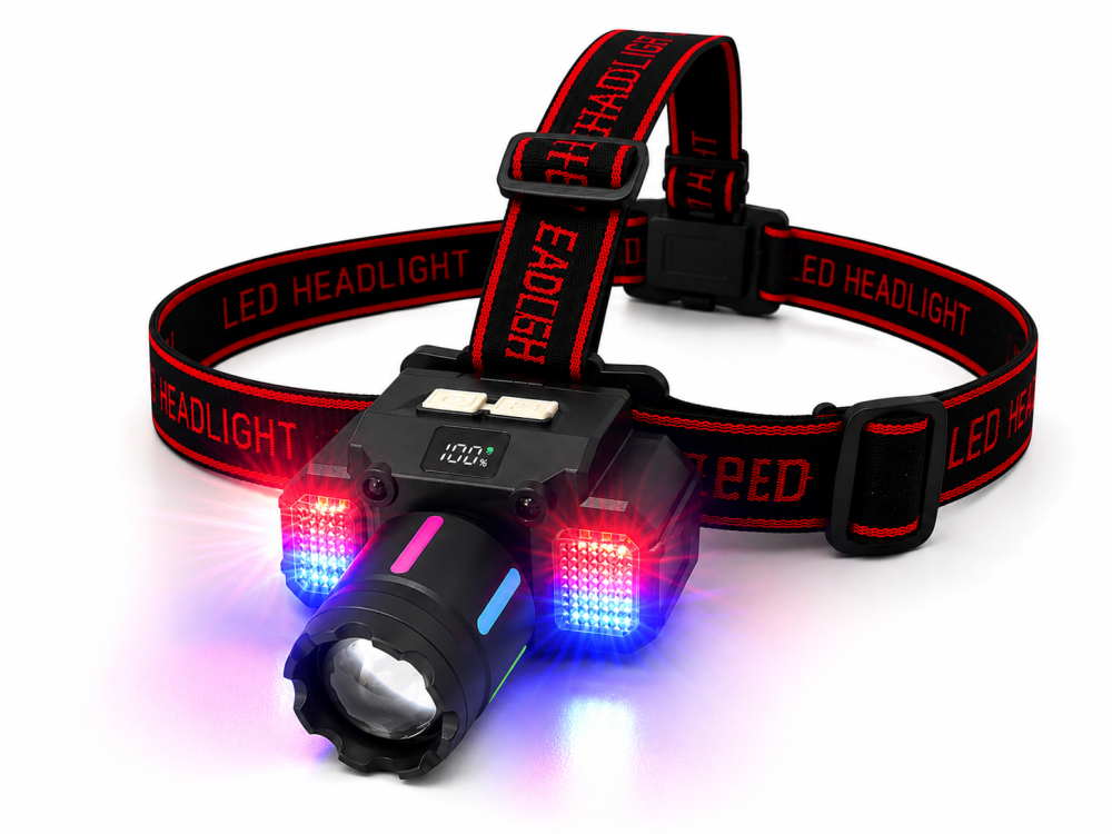 Lanternă de cap LED, AVI®, zoom, senzor de mișcare, display digital baterie, LED frontal și lumini laterale alb, roșu și albastru, acumulator 18650, USB-C, AVI-5424 [7]