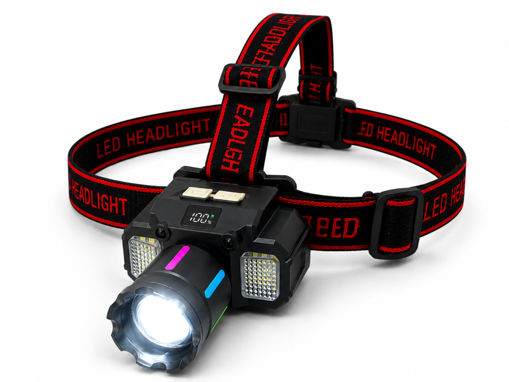 Lanternă de cap LED, AVI®, zoom, senzor de mișcare, display digital baterie, LED frontal și lumini laterale alb, roșu și albastru, acumulator 18650, USB-C, AVI-5424 [2]