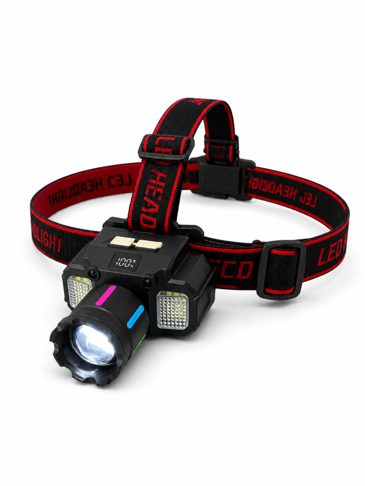 Lanternă de cap LED, AVI®, zoom, senzor de mișcare, display digital baterie, LED frontal și lumini laterale alb, roșu și albastru, acumulator 18650, USB-C, AVI-5424 [3]