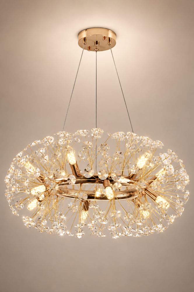 Lustră Crystal Dandelion Gold, AVI®, Ø60 cm, 12 × G9, cristale multifatetate, schelet metalic cu inel auriu, AVI-5557 [2]