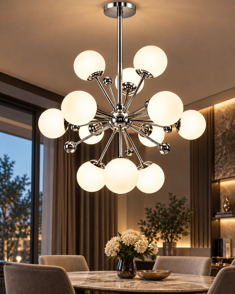 Lustra cu 12 globuri Ø13 cm, AVI®, 12 x E27, argintiu, structura radiala cu centru sferic si bile decorative, AVI-5591 [2]