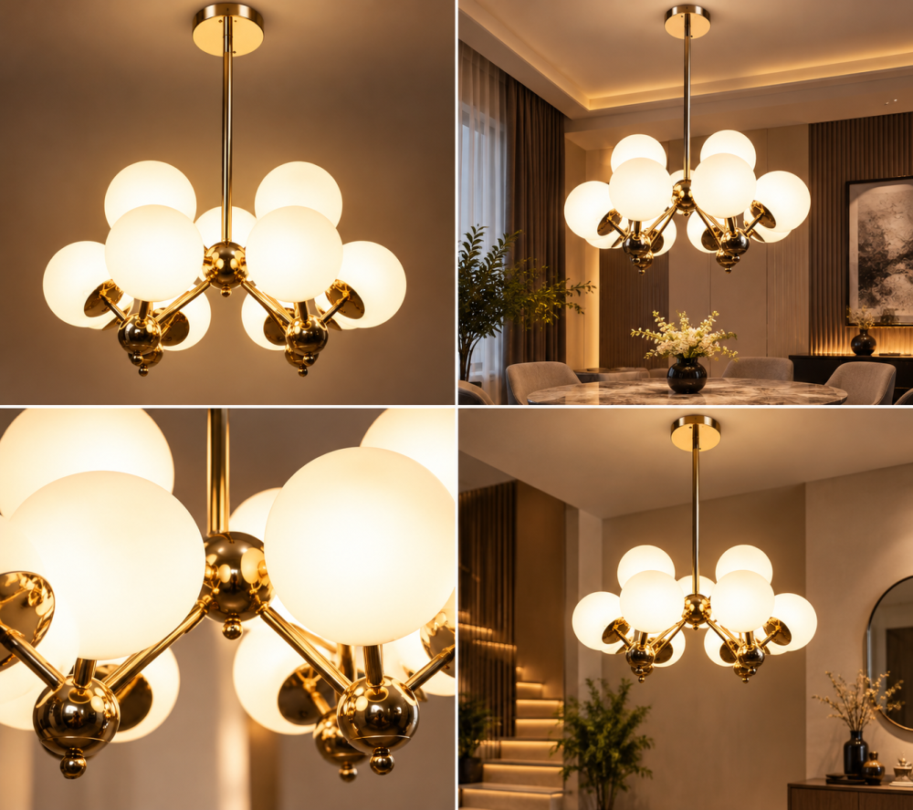 Lustră cu 12 globuri Ø13 cm, AVI®, 12 x E27, structură aurie cu brațe radiale și elemente sferice decorative, AVI-5611 [3]