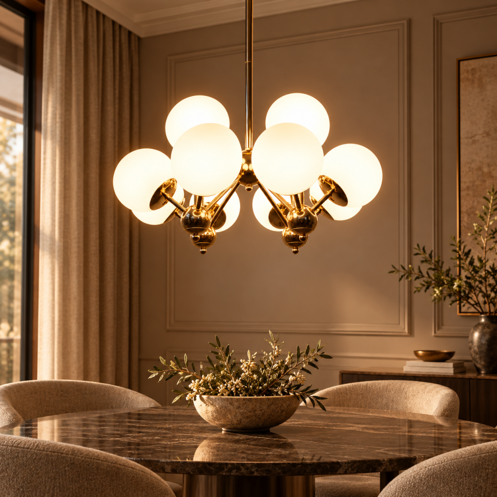 Lustră cu 12 globuri Ø13 cm, AVI®, 12 x E27, structură aurie cu brațe radiale și elemente sferice decorative, AVI-5611 [4]