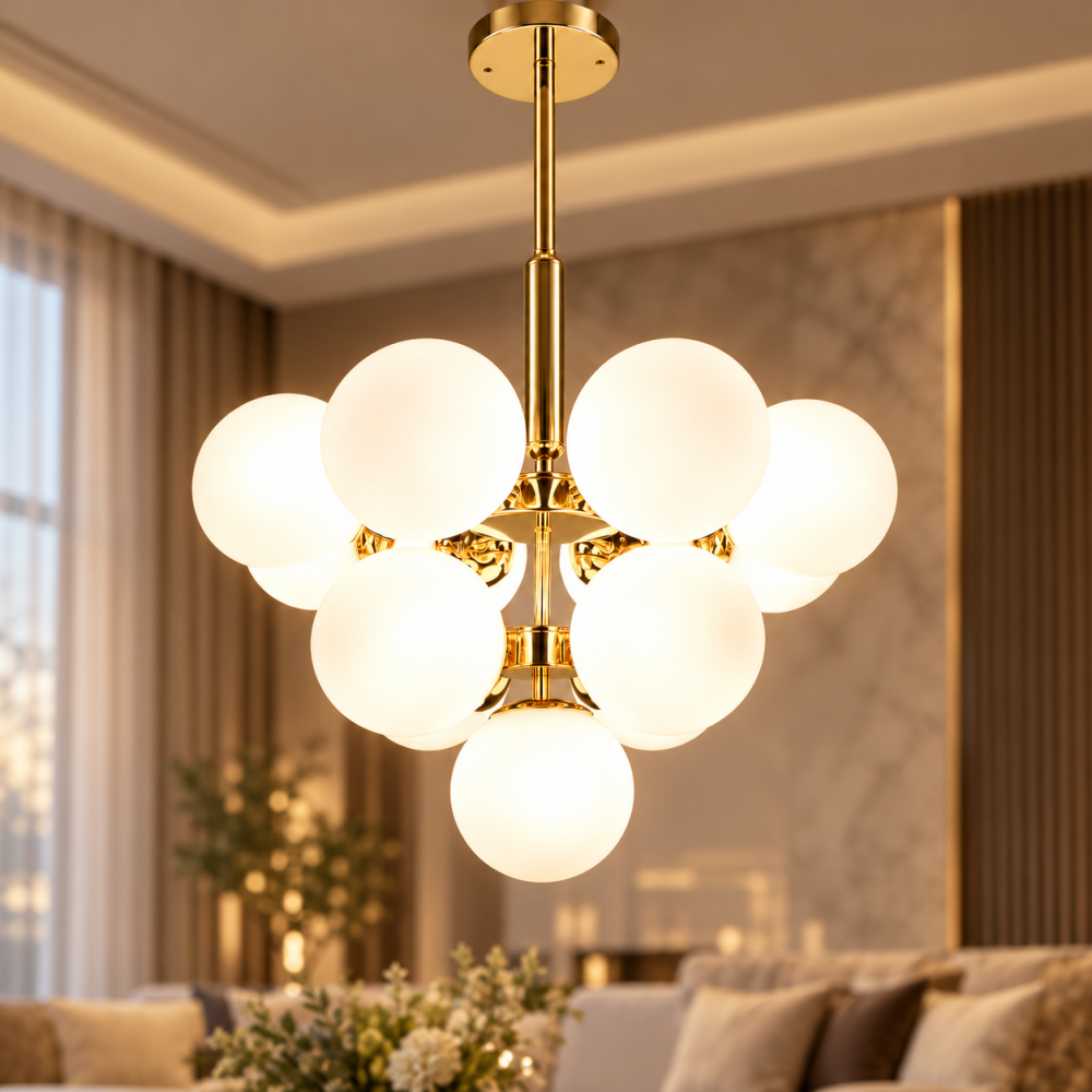 Lustră cu 13 globuri Ø13 cm, AVI®, 13 x E27, structură aurie cu centru decorativ și brațe radiale, design elegant, AVI-5621 [2]