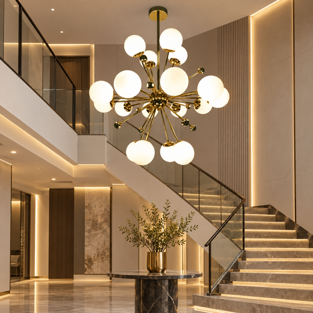Lustra cu 18 globuri Ø13 cm, AVI®, 18 x E27, structura aurie cu centru sferic, brate radiale si bile decorative, design modern tridimensional, AVI-5593 [4]