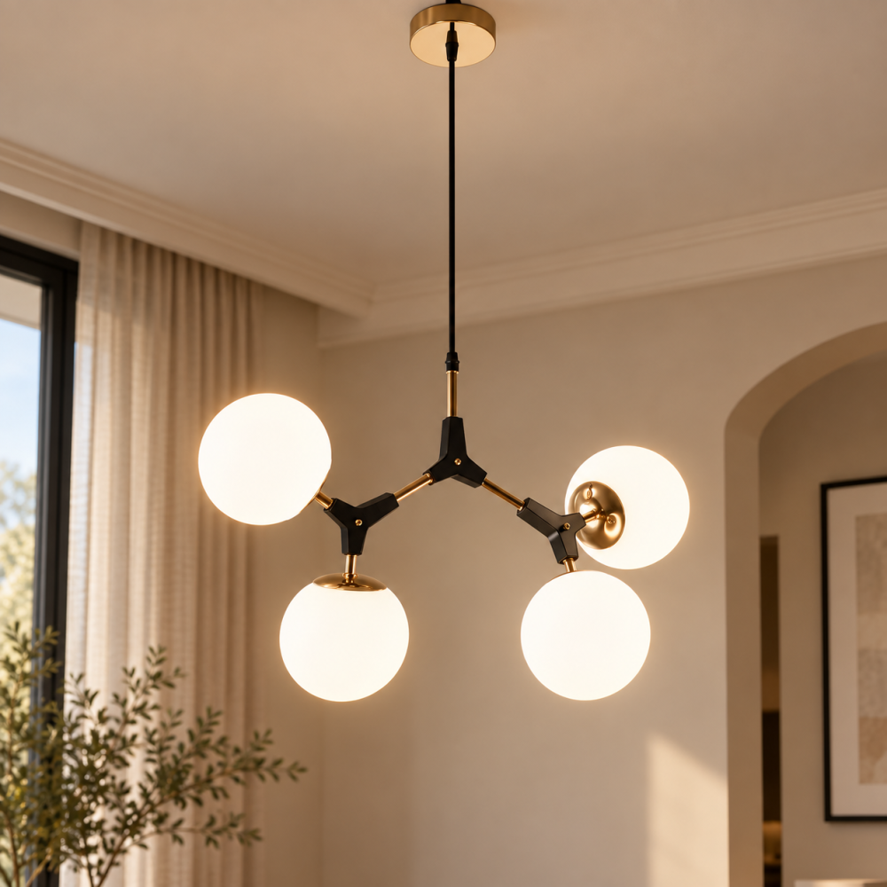 Lustra cu 4 globuri Ø13 cm, AVI®, 4 x E27, structura auriu-negru cu brate articulate, design geometric modern, AVI-5614 [4]
