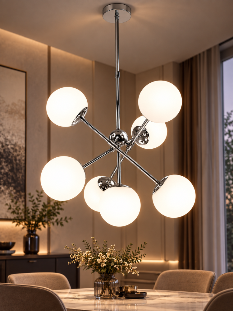 Lustra cu 7 globuri Ø13 cm, AVI®, 7 x E27, structura metalica argintie cu brate radiale, design modern decorativ, AVI-5596 [2]