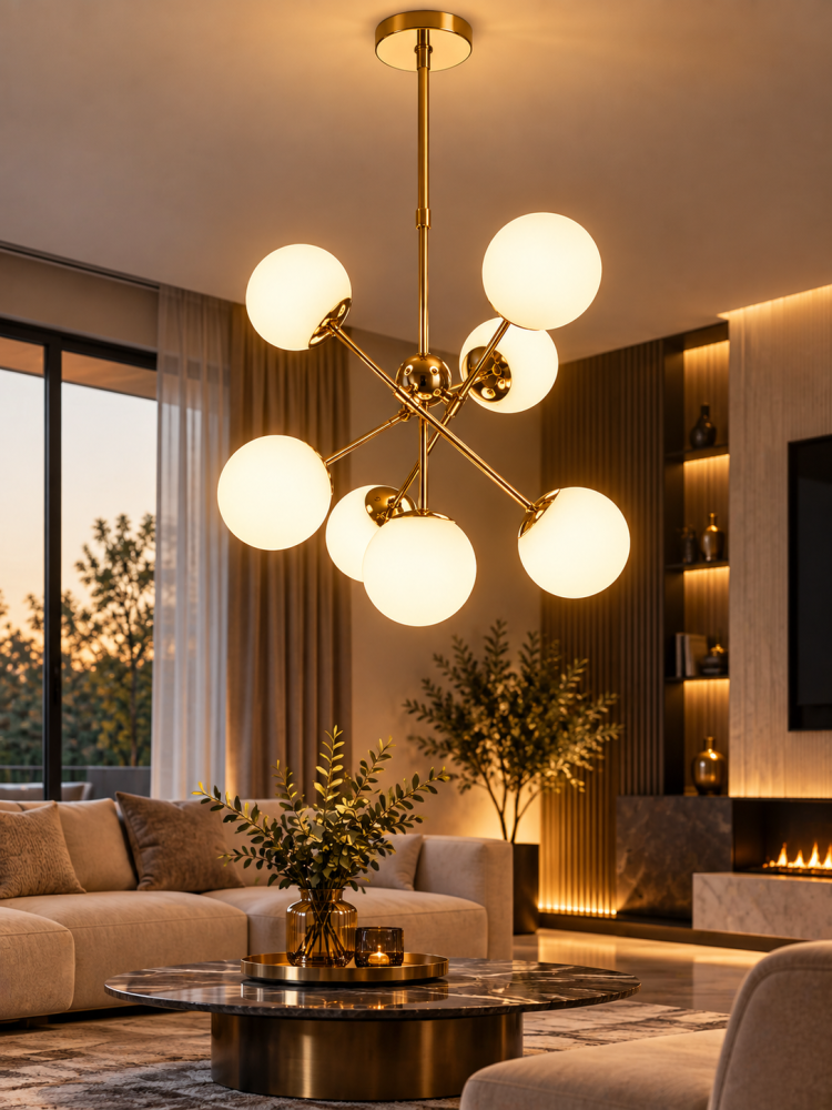 Lustră cu 7 globuri Ø13 cm, AVI®, 7 x E27, structură metalică aurie cu brațe radiale, design modern decorativ, AVI-5595 [2]