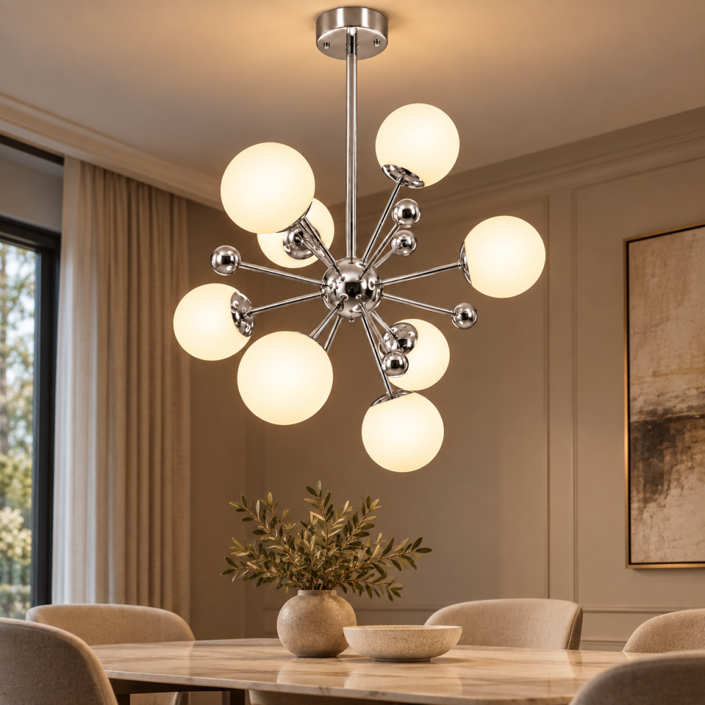 Lustra cu 8 globuri Ø13 cm, AVI®, 8 x E27, structura argintie cu centru sferic si brate radiale, design modern decorativ, AVI-5588 [3]
