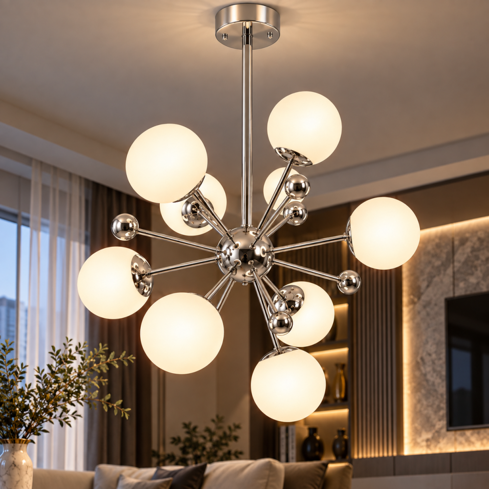 Lustra cu 8 globuri Ø13 cm, AVI®, 8 x E27, structura argintie cu centru sferic si brate radiale, design modern decorativ, AVI-5588 [2]