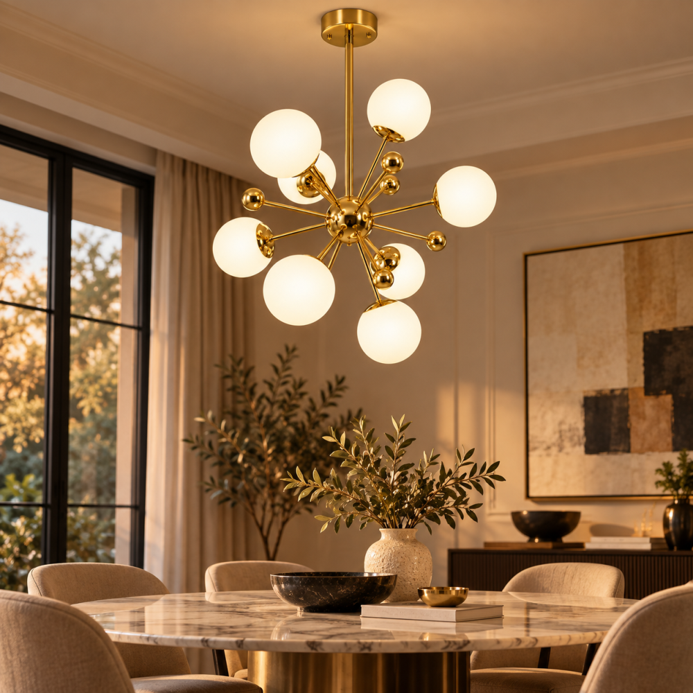 Lustra cu 8 globuri Ø13 cm, AVI®, 8 x E27, structura aurie cu centru sferic si brate radiale, design modern decorativ, AVI-5587 [3]