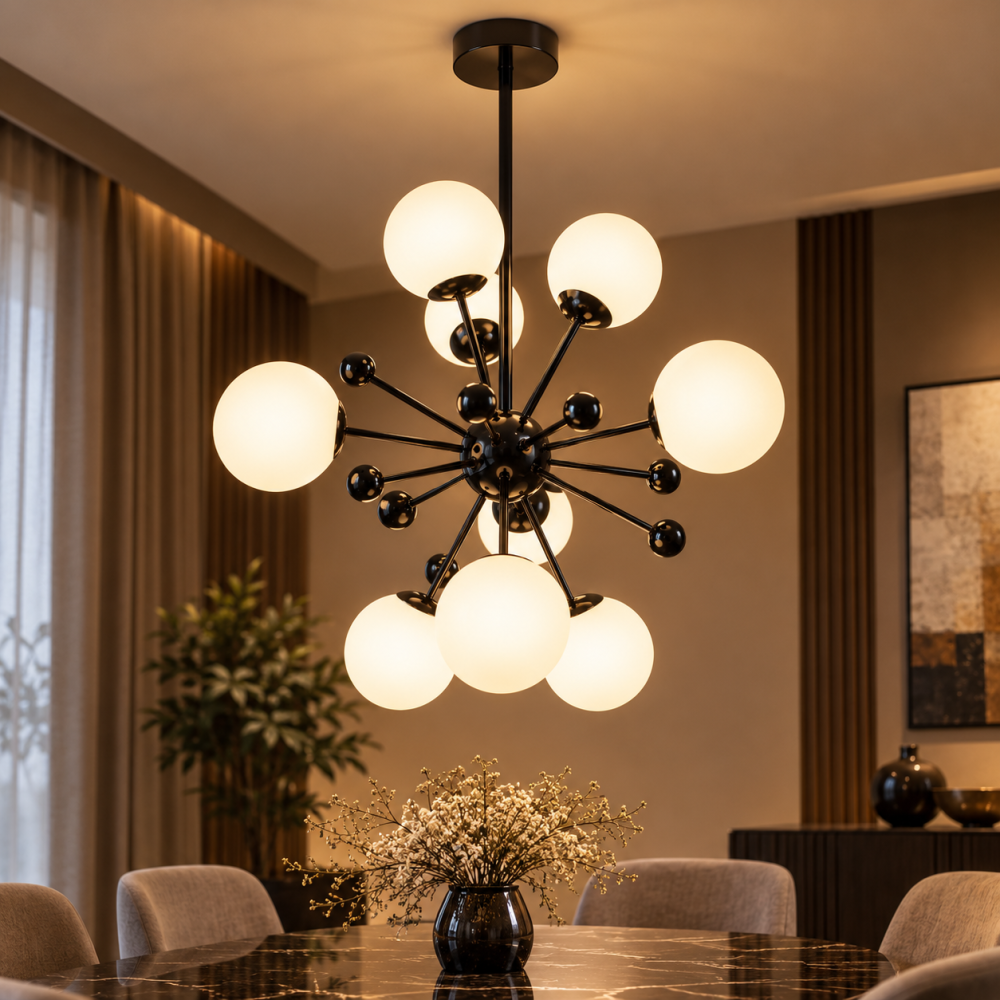 Lustra cu 9 globuri Ø13 cm, AVI®, 9 x E27, structura neagra cu centru sferic, brate radiale si bile decorative, design modern tridimensional, AVI-5589 [3]