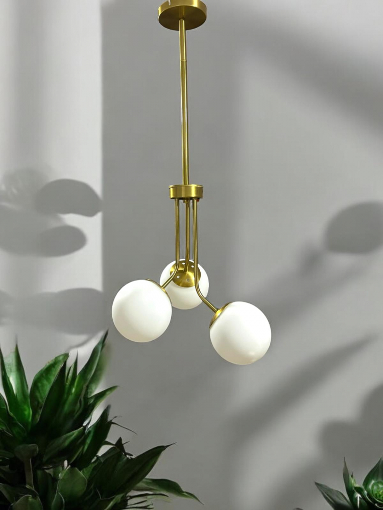 Lustra inalta, 85 cm, cu 3 brate cu globuri Ø13 cm, E27, schelet complet metalic auriu, AVI-4398 [6]