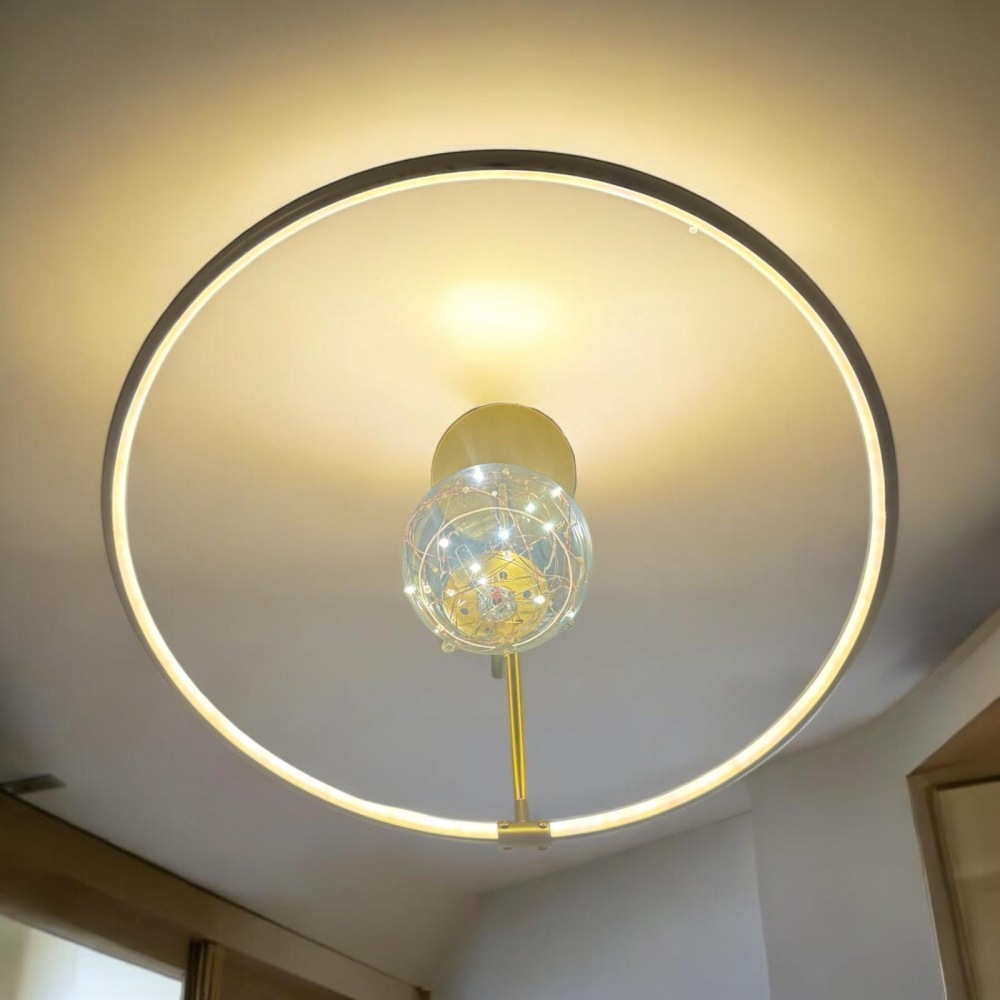 Lustra LED cu inel iluminat pe interior Ø50 cm, glob cu instalatie LED Ø13cm, schelet metalic auriu, AVI-4689 [3]
