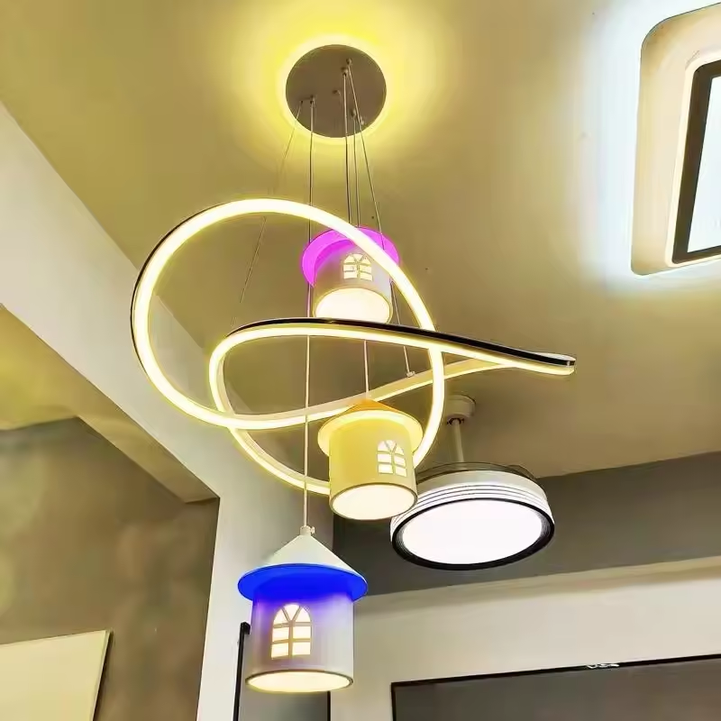 Lustra LED moderna, suspendata Ø55cm cu suport iluminat si 3 casute colorate iluminate LED individual, AVI-4372 [1]