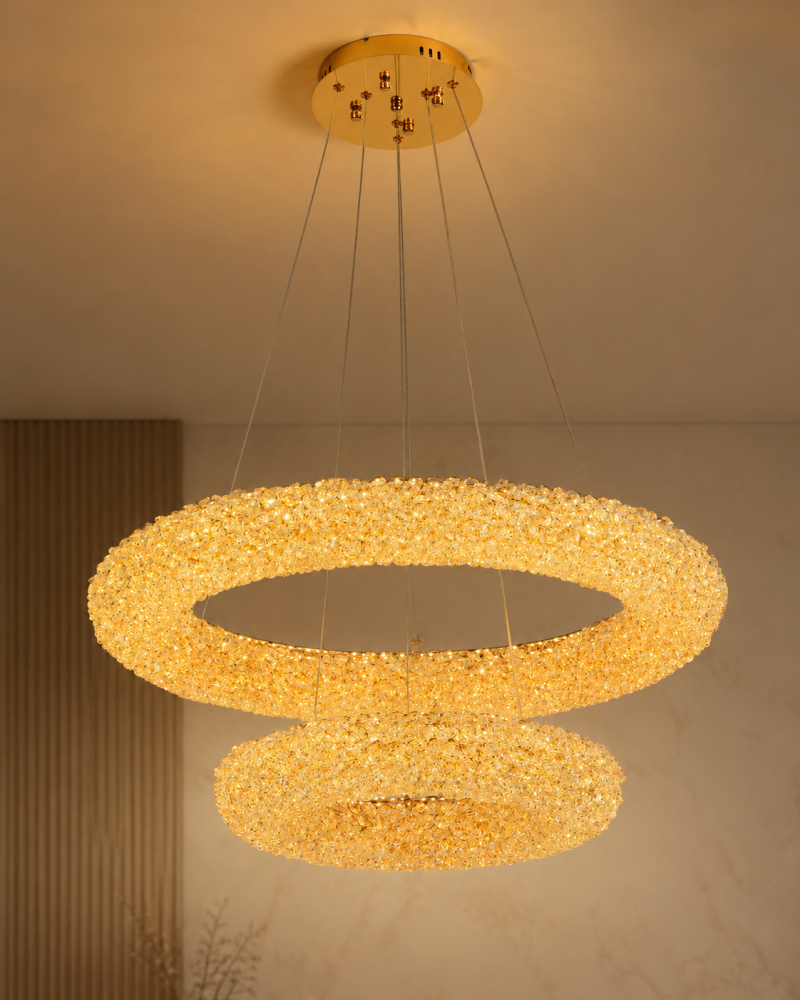 Lustră LED Smart cu 2 inele și mini-cristale, AVI®, auriu, inel Ø60 cm + Ø40 cm, telecomandă, 3 tipuri de lumină, efect luxury, AVI-5544 [7]