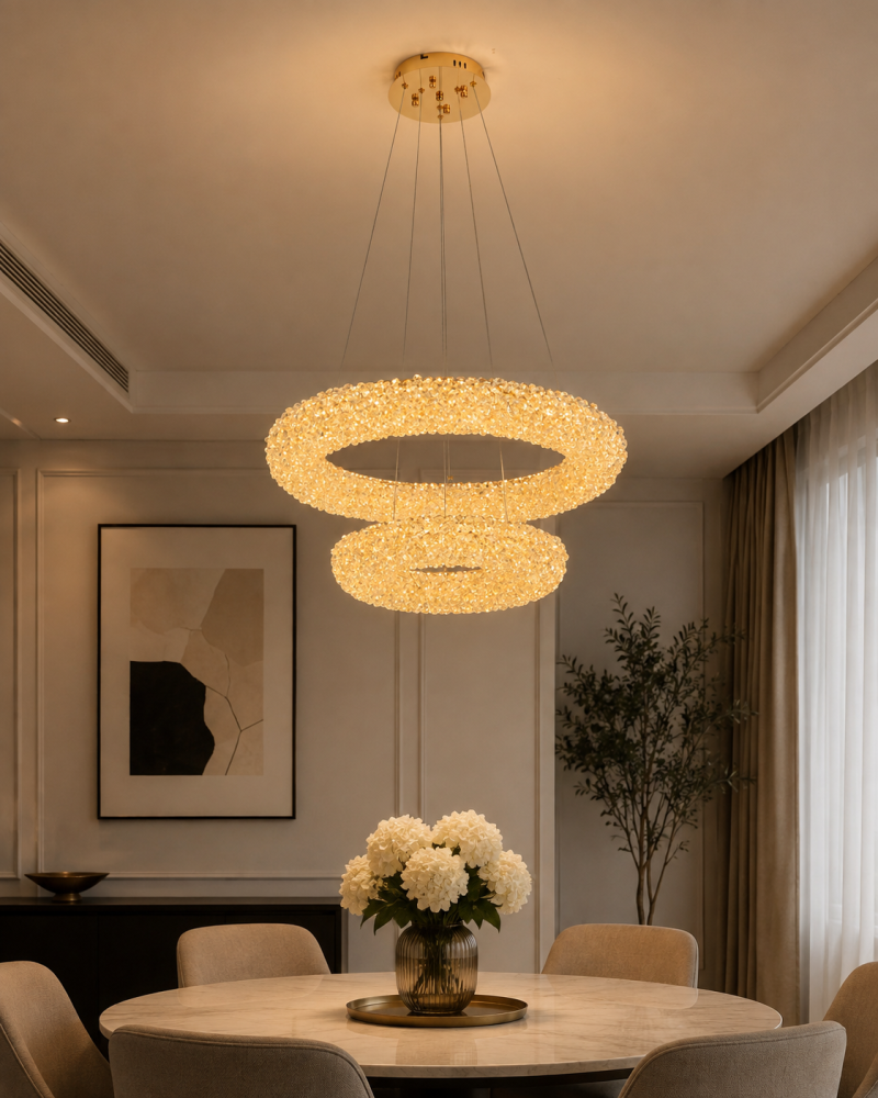 Lustră LED Smart cu 2 inele și mini-cristale, AVI®, auriu, inel Ø60 cm + Ø40 cm, telecomandă, 3 tipuri de lumină, efect luxury, AVI-5544 [2]