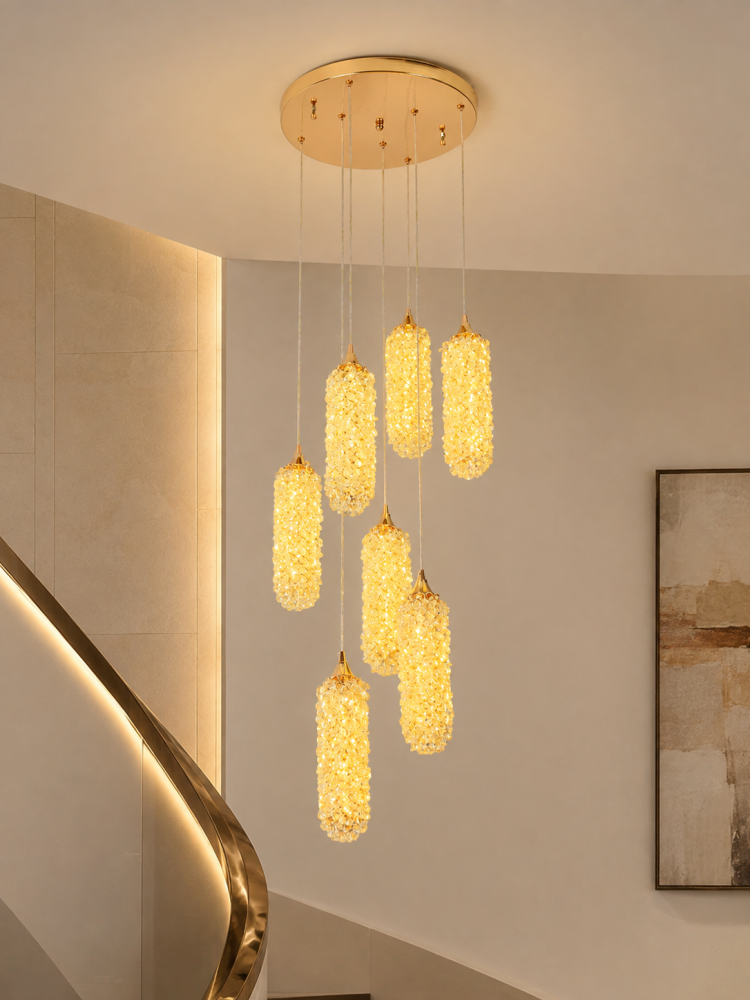 Lustră LED Smart cu 7 pendule cilindrice și mini-cristale, AVI®, suport tavan Ø35 cm, auriu, pendule 25 × Ø7 cm, reglabile pe înălțime, efect luxury, AVI-5547 [6]