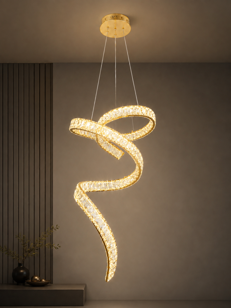 Lustră LED Smart tip panglică asimetrică spiralată, AVI®, cu cristale, schelet metalic auriu, telecomanda, corp 70 cm, 3 tipuri de lumină, AVI-5535 [2]