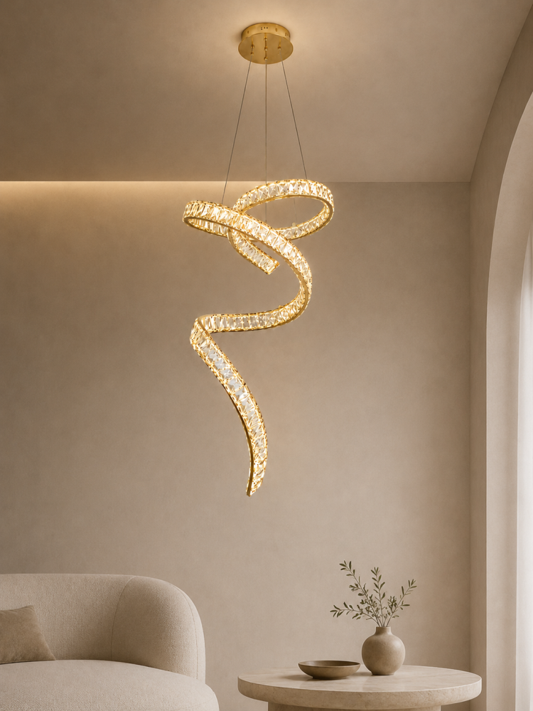 Lustră LED Smart tip panglică asimetrică spiralată, AVI®, cu cristale, schelet metalic auriu, telecomanda, corp 70 cm, 3 tipuri de lumină, AVI-5535 [3]